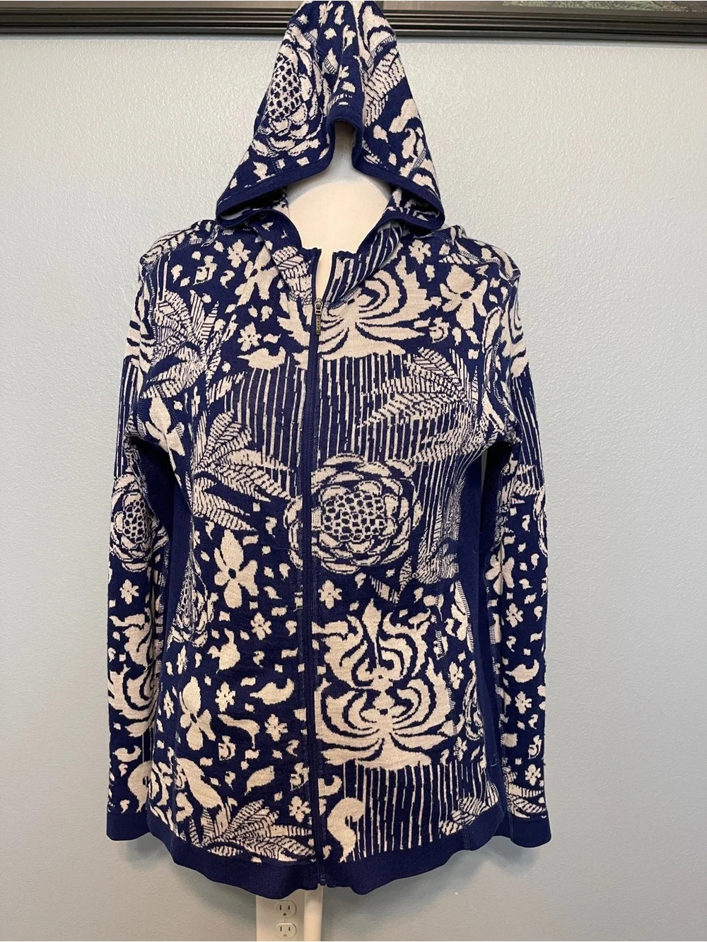 KÜHL Hooded Full Zip Merino Wool Sweater Jacket Blue Ivory Floral Women’s XL